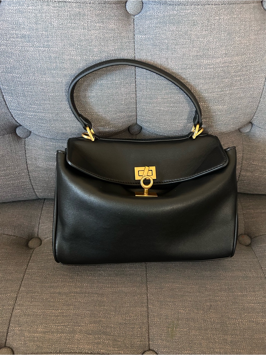Classic Black Leather Mini Size Top-Handle Bag With Gold Hardware